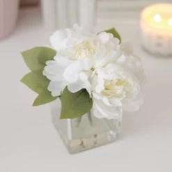 19cm White Roses Artificial Plant In Clear Square Glass Vase -Bestway Garden Sales Store 19cm white roses artificial plant in clear square glass vase5010795682690 01i