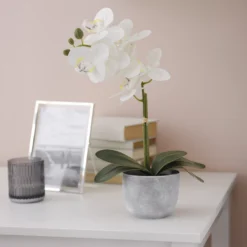25cm White Orchid Artificial Plant In Grey Ceramic Pot -Bestway Garden Sales Store 25cm white orchid artificial plant in grey ceramic pot5010795682669 01i