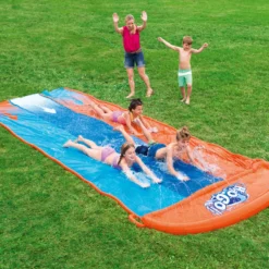Bestway Orange & Blue Rectangular Triple Lane Slide With Sprinkler System At One End Water Slide -Bestway Garden Sales Store bestway orange blue rectangular triple lane slide with sprinkler system at one end water slide6942138969092 02i bq
