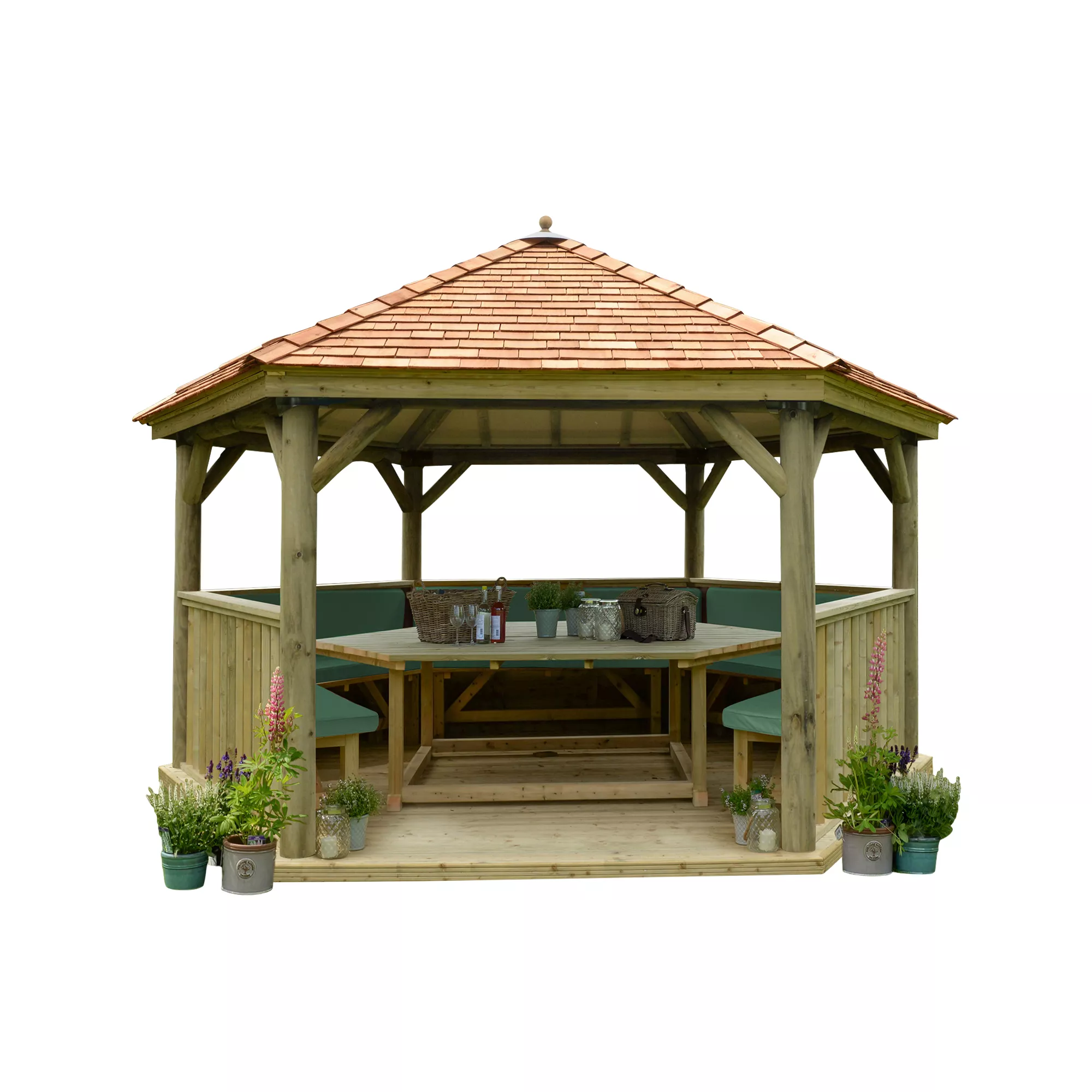 Forest Garden Furnished Cedar Roof Hexagonal Gazebo, (W)4900mm (D)4240mm (Green Cushion Included) 2 Forest Garden Furnished Cedar Roof Hexagonal Gazebo, (W)4900mm (D)4240mm (Green Cushion Included) - Image 2