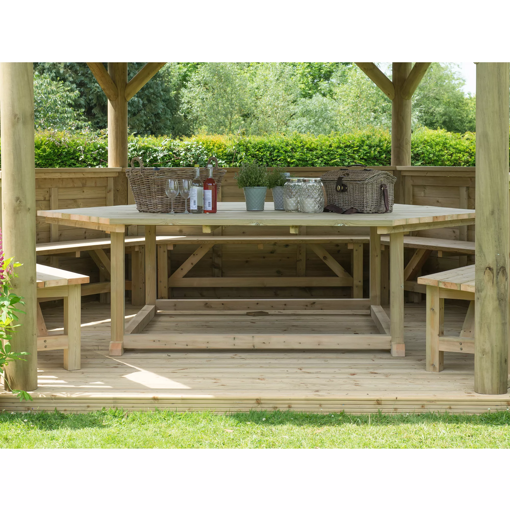 Forest Garden Furnished Cedar Roof Hexagonal Gazebo, (W)4900mm (D)4240mm (Green Cushion Included) 3 Forest Garden Furnished Cedar Roof Hexagonal Gazebo, (W)4900mm (D)4240mm (Green Cushion Included) - Image 3