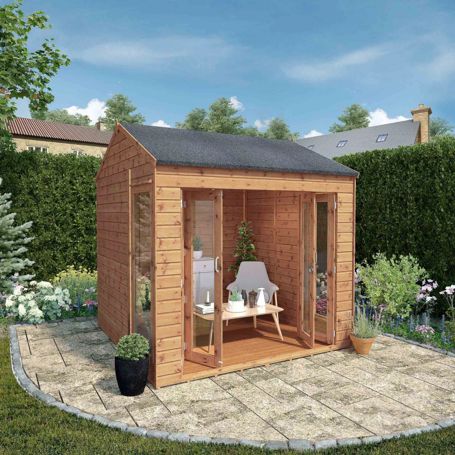 Mercia 8x8 Reverse Apex Tongue & Groove Summer House With Bi-fold Door 1 Mercia 8x8 Reverse Apex Tongue & Groove Summer House With Bi-fold Door
