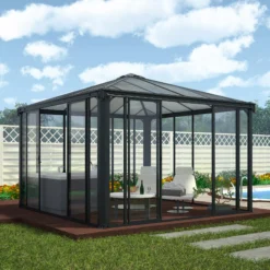 Palram - Canopia Ledro Grey Rectangular Gazebo, (W)3.6m (D)3.6m - Assembly Required -Bestway Garden Sales Store palram canopia ledro grey rectangular gazebo w 3 6m d 3 6m assembly required7290108136531 01i bq