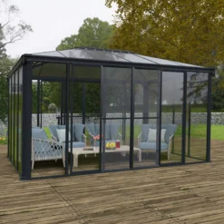 Palram - Canopia Ledro Grey Rectangular Gazebo, (W)4.3m (D)2.96m - Assembly Required -Bestway Garden Sales Store palram canopia ledro grey rectangular gazebo w 4 3m d 2 96m assembly required7290108139648 01i bq