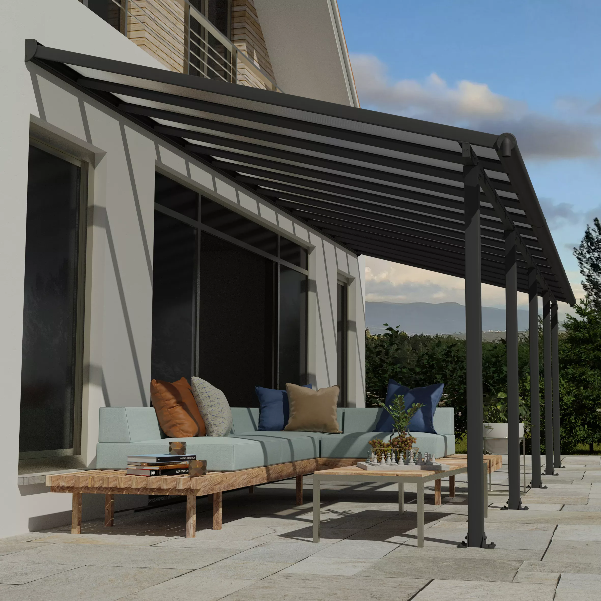 Palram - Canopia Olympia Grey Non-retractable Awning, (L)8.6m (H)3.05m (W)2.95m 1 Palram - Canopia Olympia Grey Non-retractable Awning, (L)8.6m (H)3.05m (W)2.95m